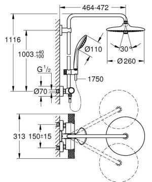 GROHE EUPHORIA SYSTEM 260 27615002 ZESTAW NATRYSKOWAY Z BATERIĄ TERMOSTATYCZNĄ , DESZCZOWNICA 26CM , CHROM