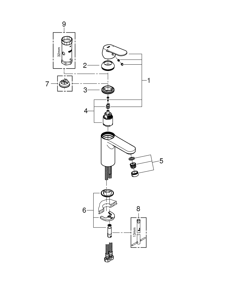 GROHE EUROSMART COSMOPOLITAN 23327000 JEDNOUCHWYTOWA BATERIA UMYWALKOWA, ROZMIAR M , CHROM