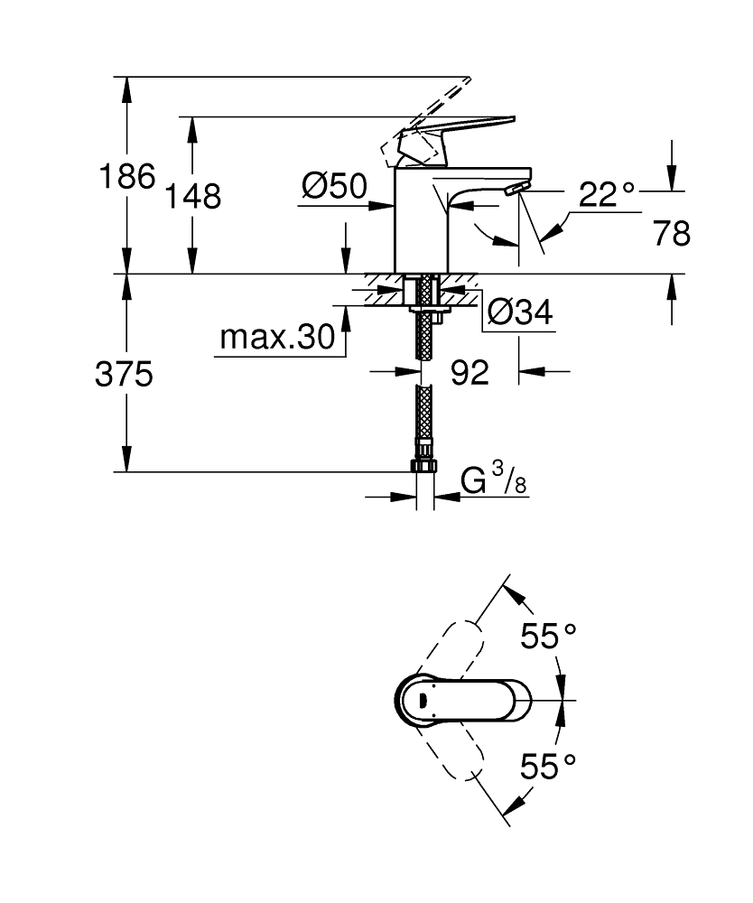 GROHE EUROSMART COSMOPOLITAN 32824000 JEDNOUCHWYTOWA BATERIA UMYWALKOWA, CHROM