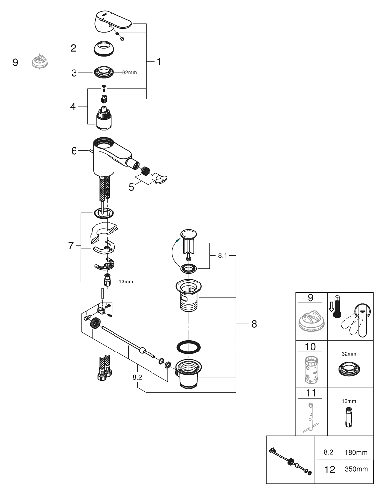 GROHE EUROSMART COSMOPOLITAN 32839000 JEDNOUCHWYTOWA BATERIA BIDETOWA , CHROM