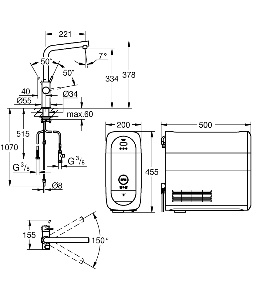 GROHE BLUE HOME 31454001 ZESTAW STARTOWY Z&nbsp;BATERIĄ FILTRUJĄCĄ WODĘ I&nbsp;JEDNOSTKĄ CHŁODZĄCĄ, FUNKCJA BLUETOOTH, WYLEWKA TYPU L. CONNECTED
