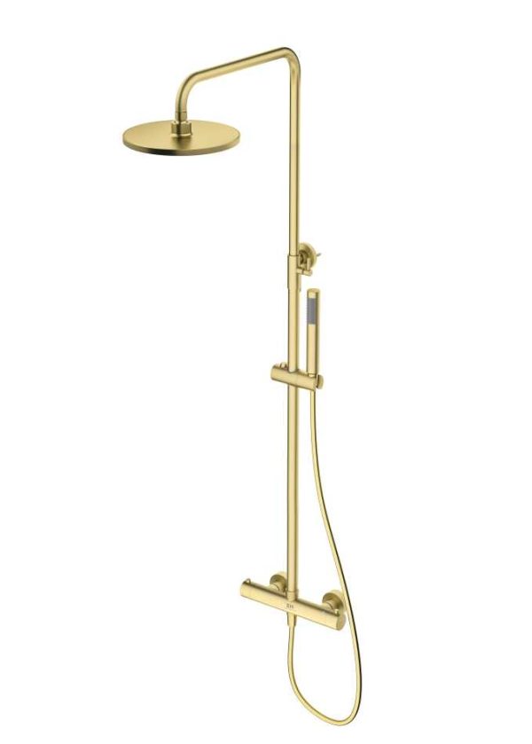 EMPORIA FLY 0401202GN KOLUMNA NATRYSKOWA TERMOSTATYCZNA , 2-FUNKCYJNA , Z&nbsp;ZESTAWEM NATRYSKOWYM I&nbsp;DESZCZOWNICĄ , ZŁOTY SZCZOTKOWANY