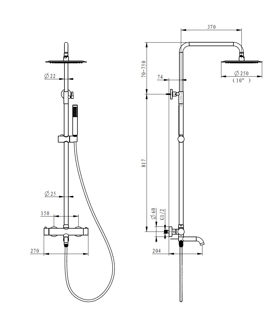 EMPORIA FLY 030130GN KOLUMNA NATRYSKOWA TERMOSTATYCZNA , 3-FUNKCYJNA , Z&nbsp;ZESTAWEM NATRYSKOWYM , DESZCZOWNICĄ Ø250 MM I&nbsp;WYLEWKĄ WANNOWĄ , ZŁOTY SZCZOTKOWANY