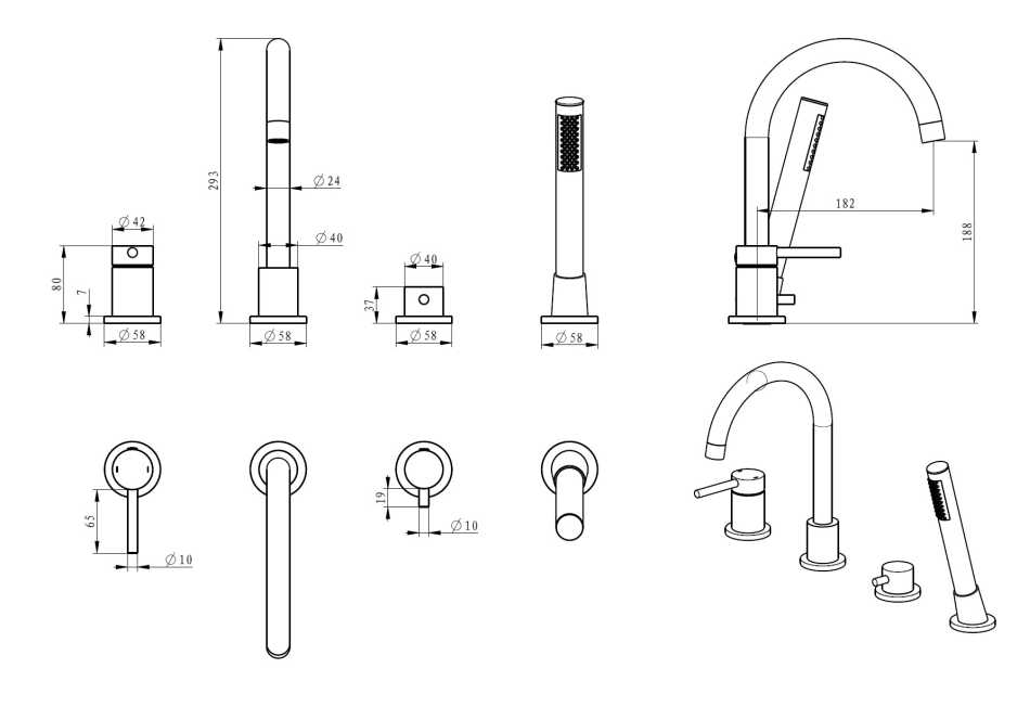EMPORIA FLY 03033GN BATERIA WANNOWA 4-OTWOROWA , Z&nbsp;ZESTAWEM PRYSZNICOWYM , ZŁOTY SZCZOTKOWANY