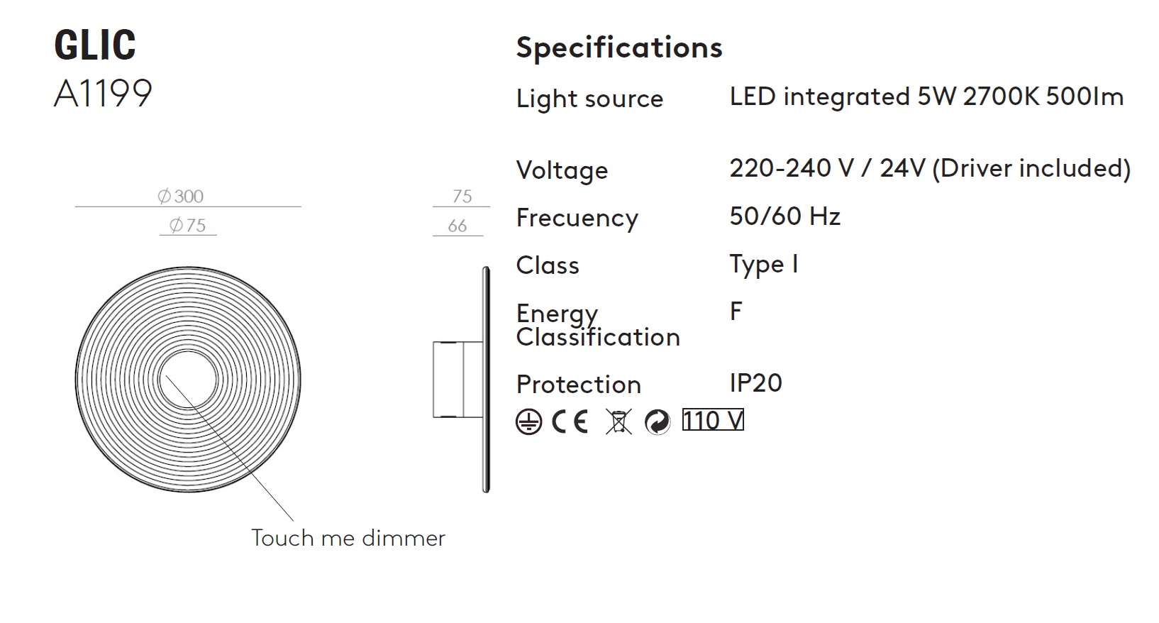 AROMAS KINKIET A1199 GLIC 30cm MATT BRASS, GLASS 30cm LED
