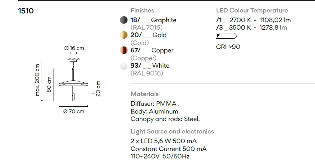 VIBIA LAMPA WISZĄCA 151020/1B FLAMINGO GD&nbsp;70cm 2700K