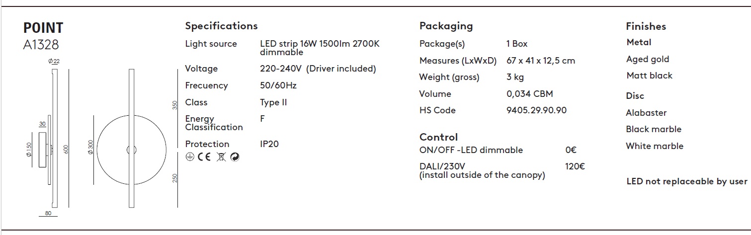 AROMAS KINKIET A1328 POINT LED 2700K, KOLOR CZARNY , DYSK ALABASTER