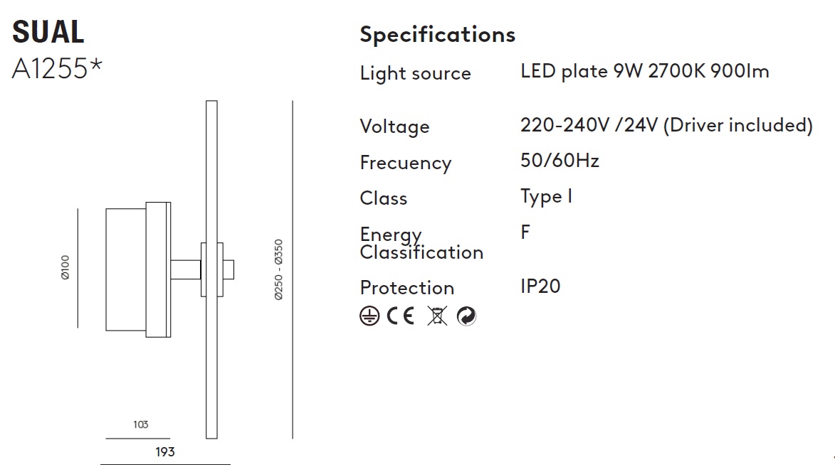 AROMAS KINKIET 1097/20+A1255 SUAL LED Z&nbsp;DYSKIEM CERAMICZNYM 20cm
